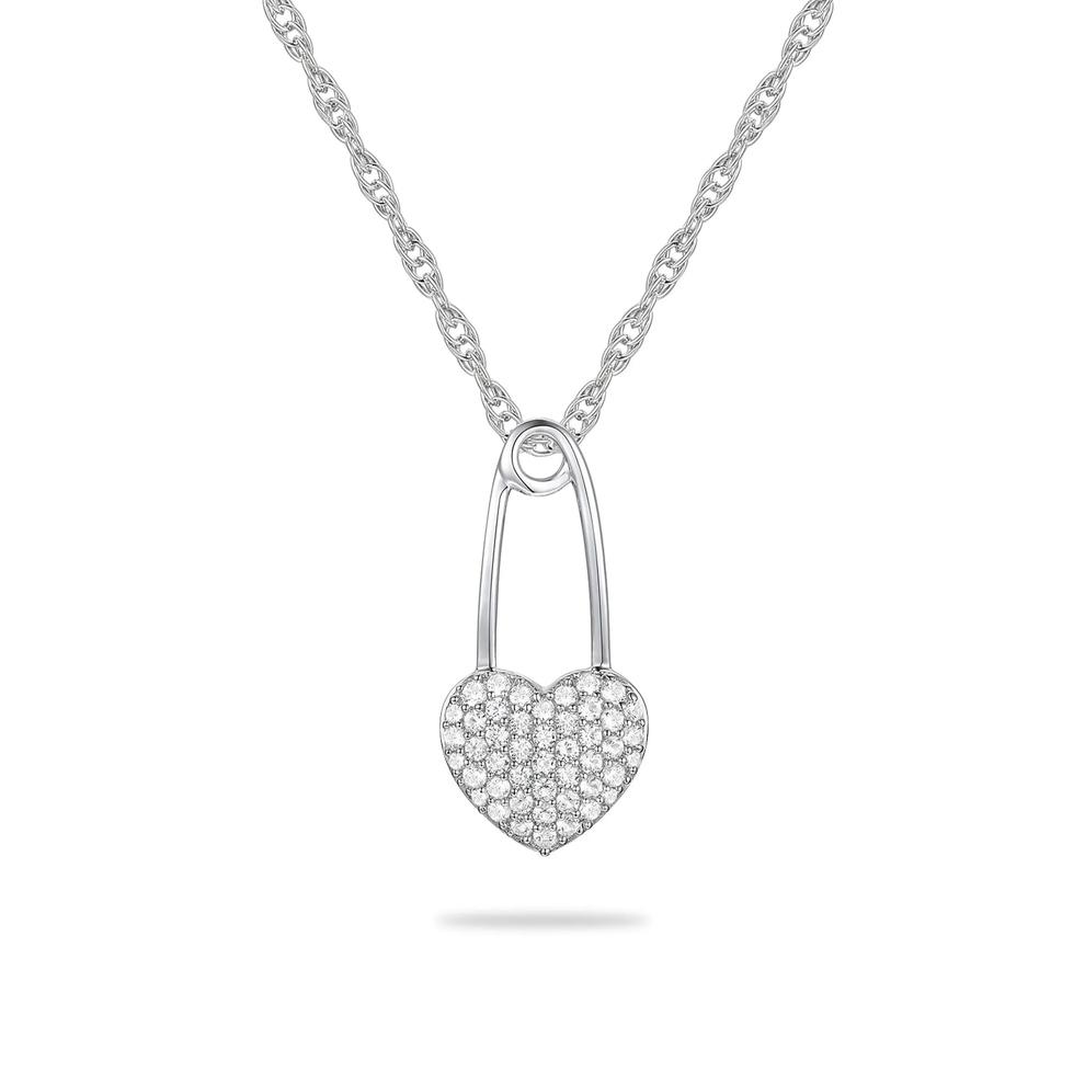 Diamond Heart Safety Pin Pendant Necklace in Sterling Silver (1/4 ct. tw.) – Image 1 of 4