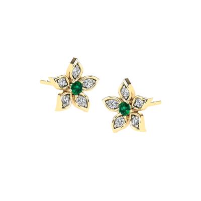 Emerald & Diamond Flower Stud Earrings in 14K Yellow Gold (1/10 ct. tw.)