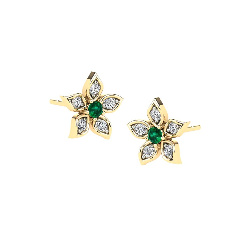 Emerald &amp; Diamond Flower Stud Earrings in 14K Yellow Gold (1/10 ct. tw.) – Image 1 of 2