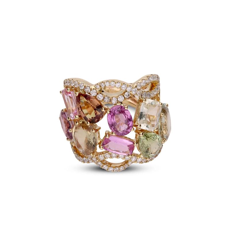 Mixed Tourmaline &amp; Diamond Wide Band Scatter Ring in 14K Yellow Gold &#40;3/4 ct. tw.&#41; – Image 5 of 5