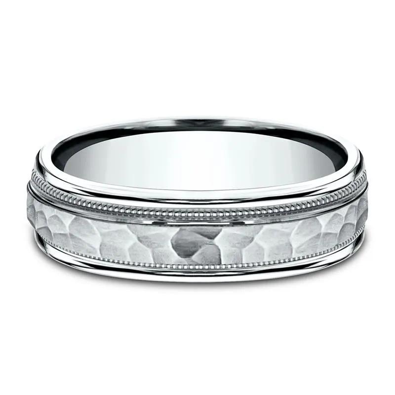 Men&rsquo;s Hammered Milgrain Wedding Band in 14K White Gold, 6MM – Image 1 of 3