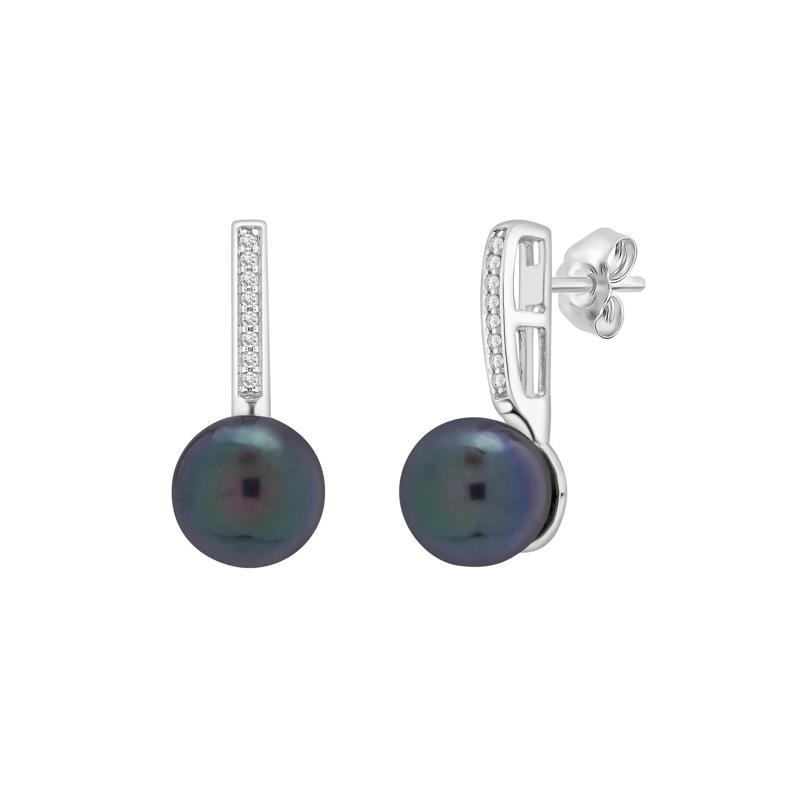 Black Pearl and Lab-Created White Sapphire Drop Earrings in 10K White Gold – Image 1 of 1