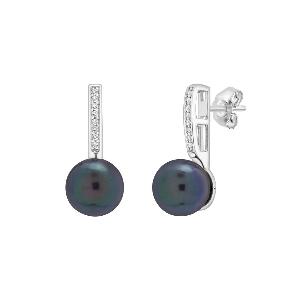 Black Pearl and Lab-Created White Sapphire Drop Earrings in 10K White Gold – Image 1 of 1
