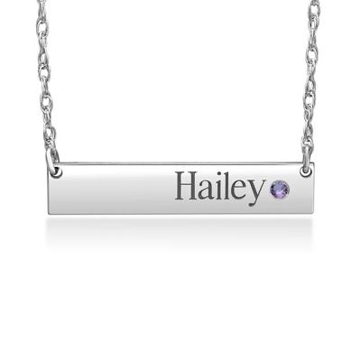custom name bar necklace with personalized gemstone