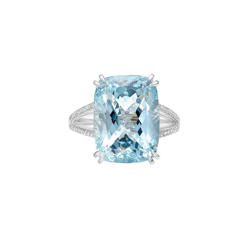 Emerald-Cut Aquamarine &amp; Diamond Split-Shank Ring in 14K White Gold &#40;1/5 ct. tw.&#41; – Image 1 of 3