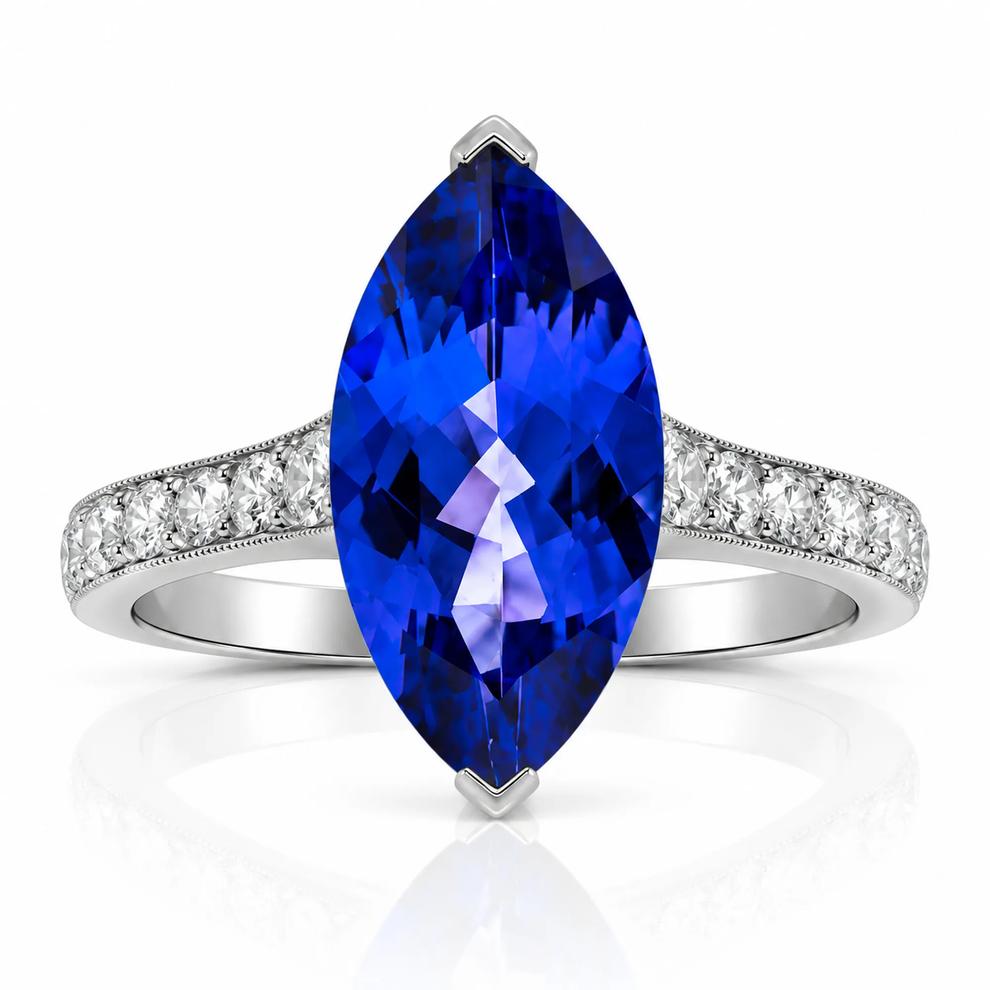 Marquise Tanzanite &amp; Round Diamond Ring in 18K White Gold (3/8 ct. tw.) – Image 1 of 4