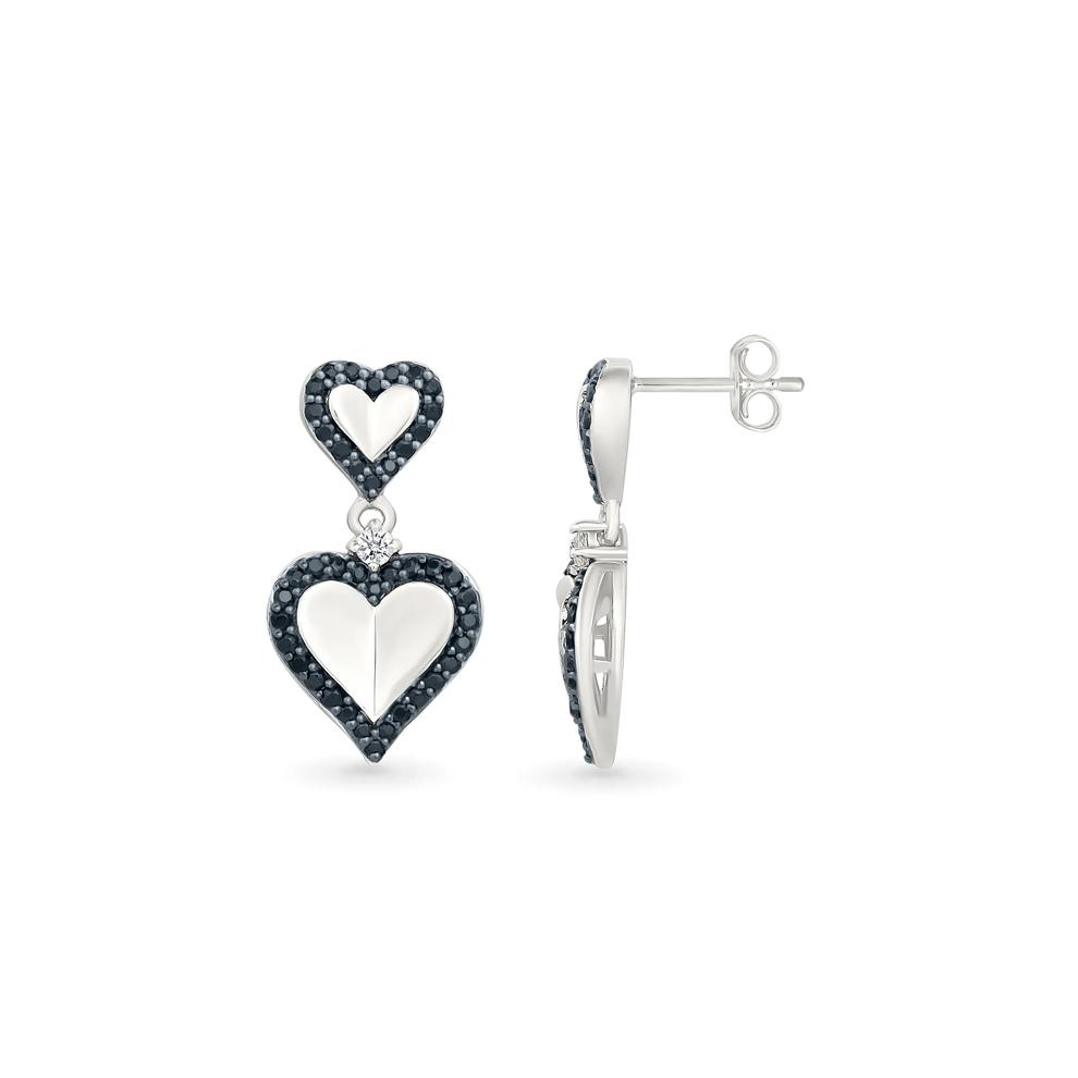 Black and White Diamond Double Heart Dangle Earrings in Sterling Silver (3/8 ct. tw.) – Image 2 of 3