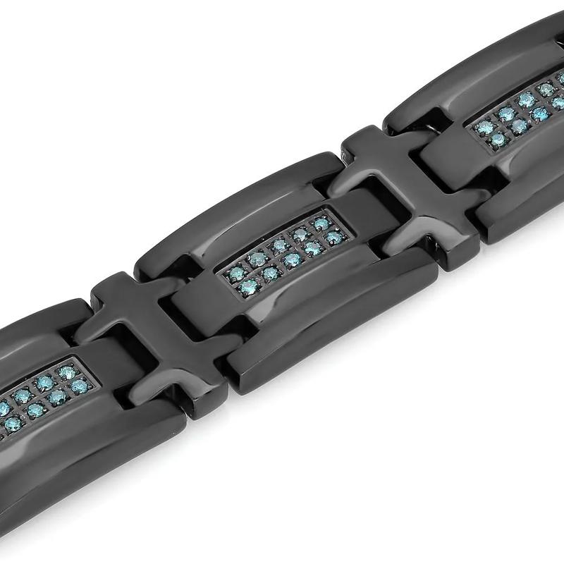 Men&rsquo;s Blue Diamond Link Bracelet in Black Ion-Plated Stainless Steel &#40;1/2 ct. tw.&#41; – Image 2 of 2