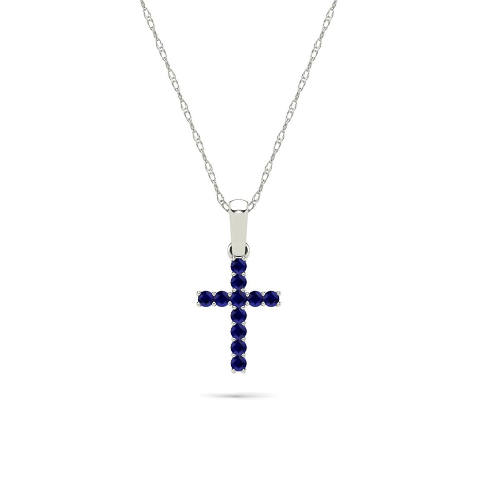 Blue Sapphire Cross Pendant Necklace in 10K White Gold – Image 1 of 4