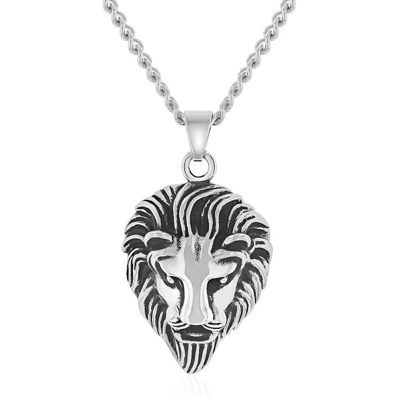 Lion Head Pendant with Curb Link Chain in Stainless Steel – Image 1 of 3
