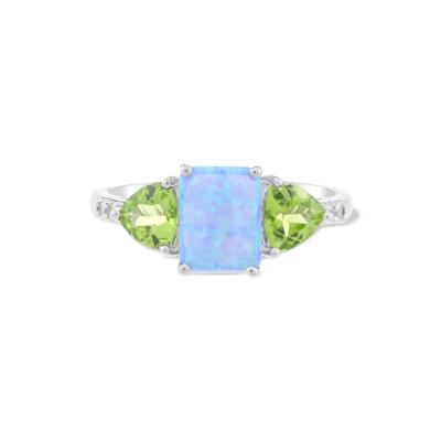 Lab-Created Blue Opal, Green Peridot & Lab-Created White Sapphire Three-Stone Ring in Sterling Silver