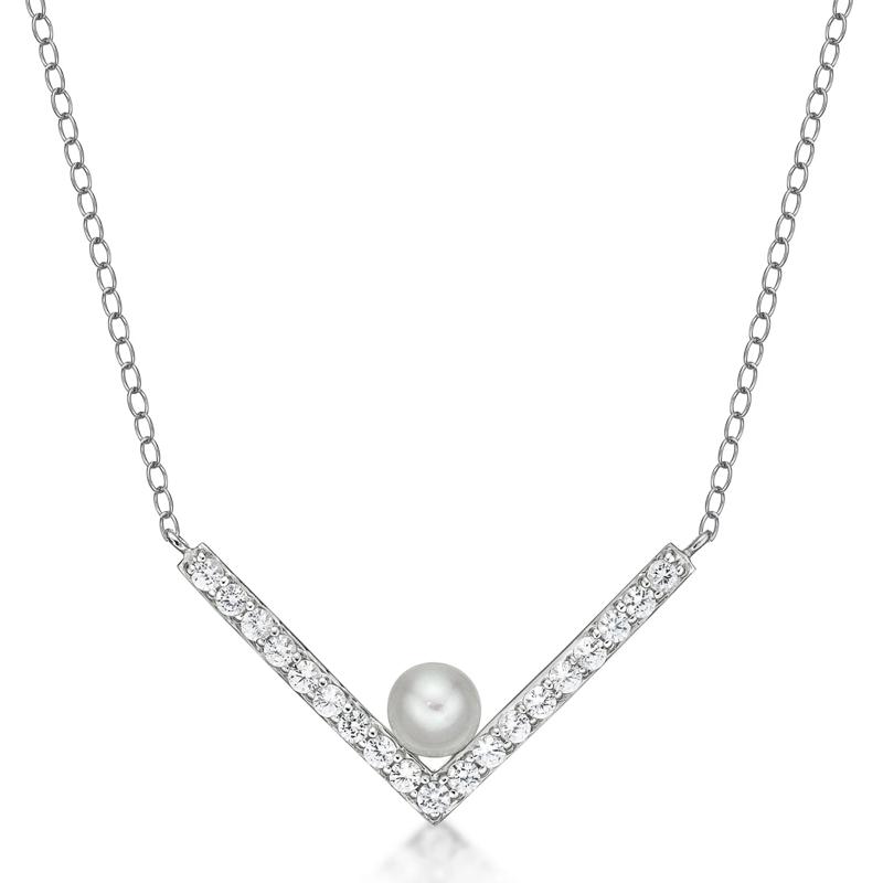 Freshwater Cultured Button Pearl and Lab-Created White Sapphire Necklace in Sterling Silver – Image 1 of 3