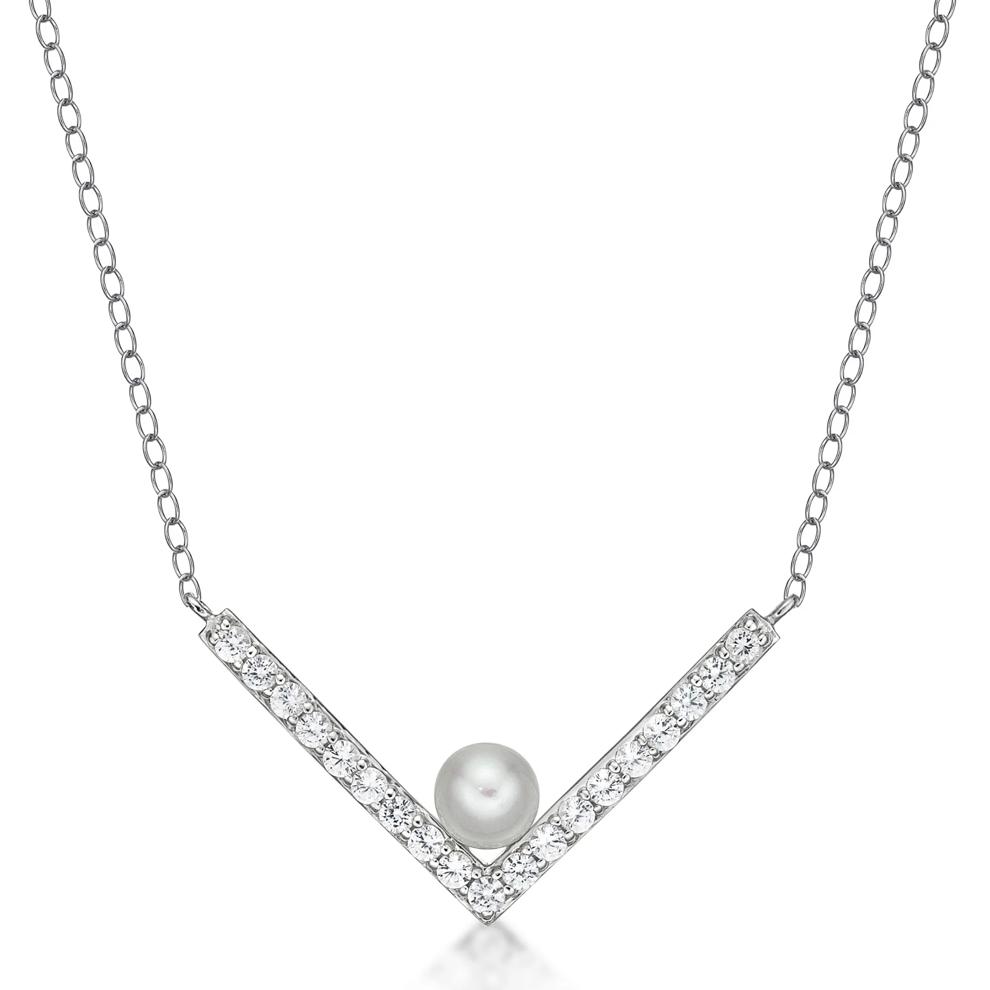 Freshwater Cultured Button Pearl and Lab-Created White Sapphire Necklace in Sterling Silver – Image 1 of 3