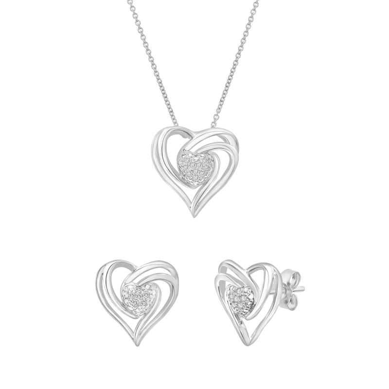 Diamond Heart-Shaped Pendant and Earring Box Set in Sterling Silver – Image 1 of 6