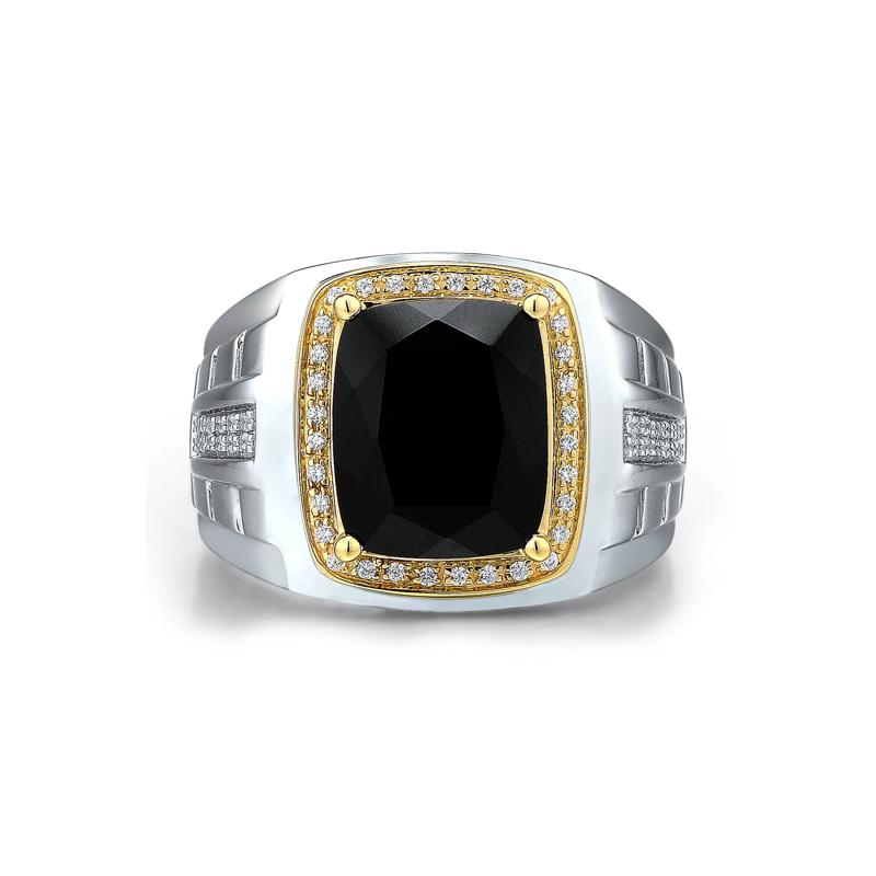 Men&rsquo;s Onyx and Diamond Ring in Sterling Silver and 10K Yellow Gold &#40;1/7 ct. tw.&#41; – Image 1 of 3