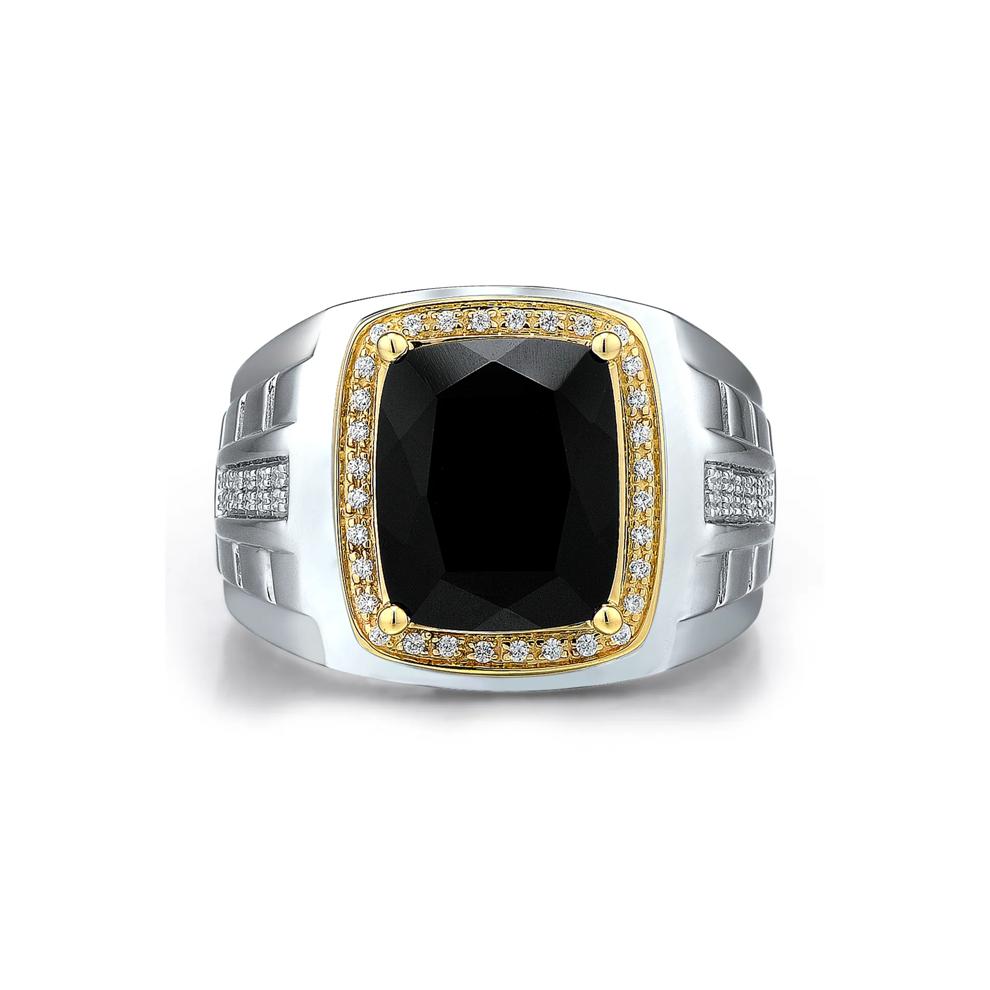 Men&rsquo;s Onyx and Diamond Ring in Sterling Silver and 10K Yellow Gold (1/7 ct. tw.) – Image 1 of 3