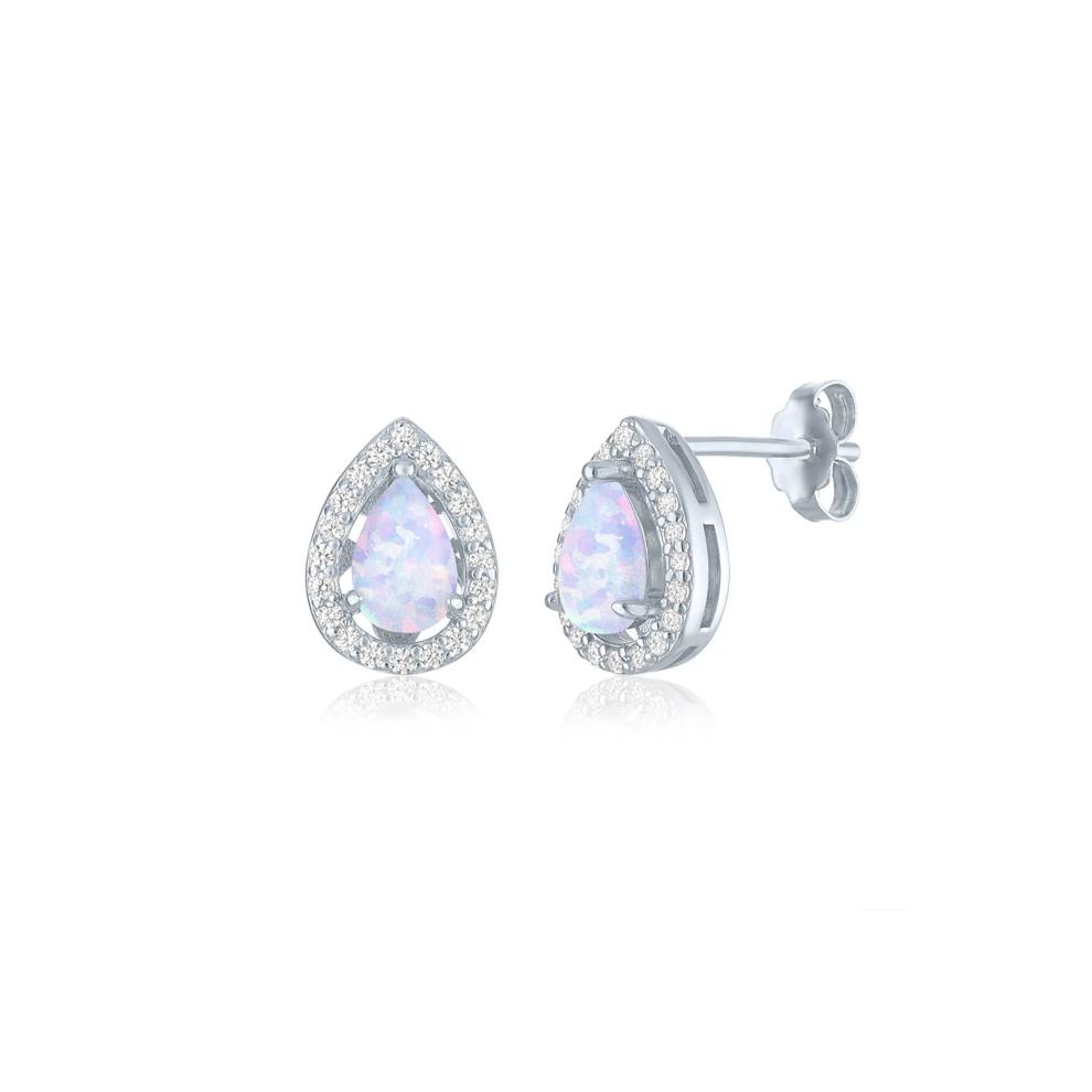 Lab-Created Pear-Shaped Opal &amp; Diamond Halo Stud Earrings in Sterling Silver (1/5 ct. tw.) – Image 1 of 2