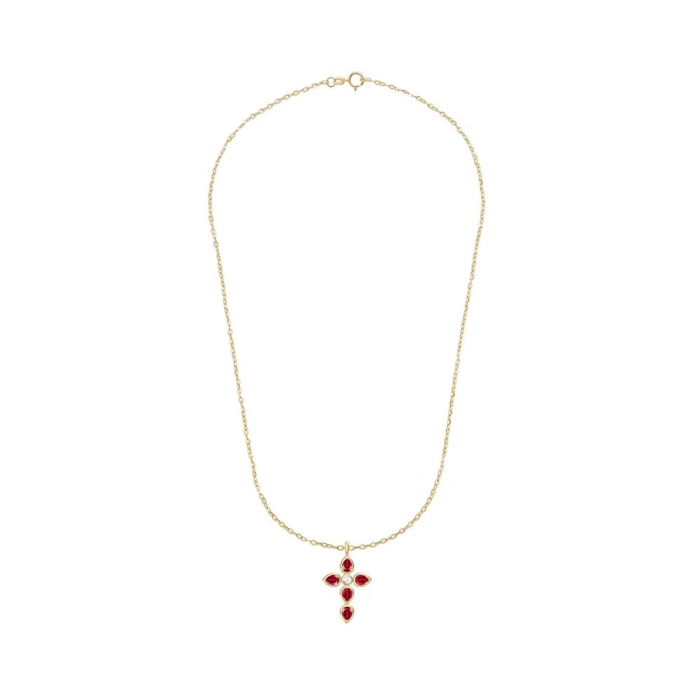 Lab-Created Ruby &amp; Diamond Accent Pear-Shaped Cross Pendant Necklace in 10K Yellow Gold – Image 3 of 4