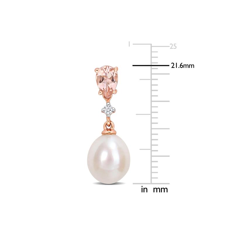 Pearl Earrings with Morganite and Diamond Accent in 10K Rose Gold – Image 2 of 3