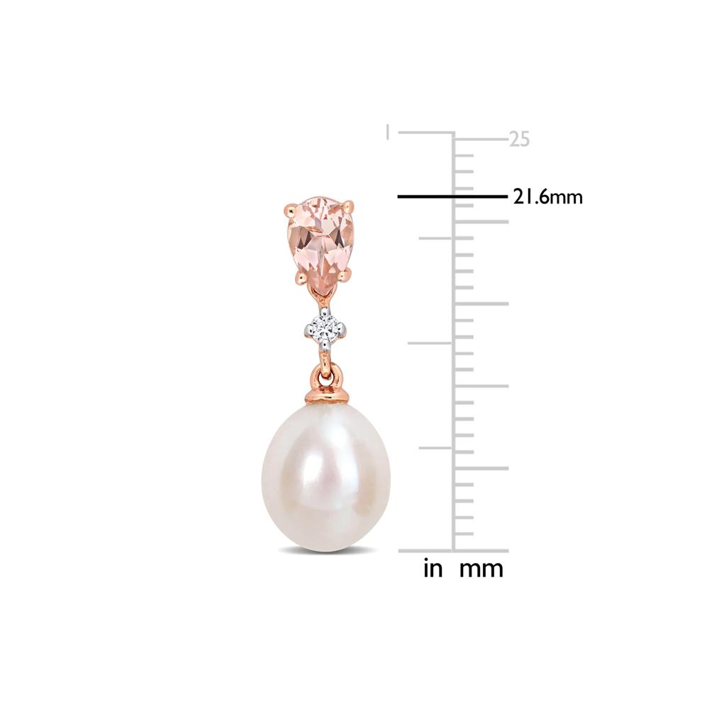 Pearl Earrings with Morganite and Diamond Accent in 10K Rose Gold – Image 2 of 3