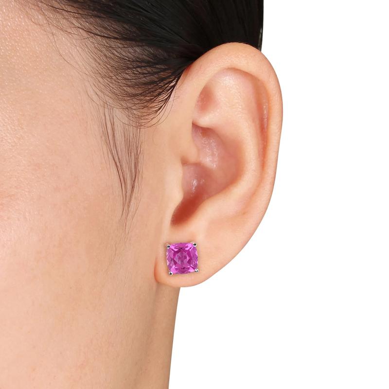 Lab Crated Pink Sapphire, Ruby and Blue Sapphire Stud Earring Set in Sterling Silver – Image 3 of 3