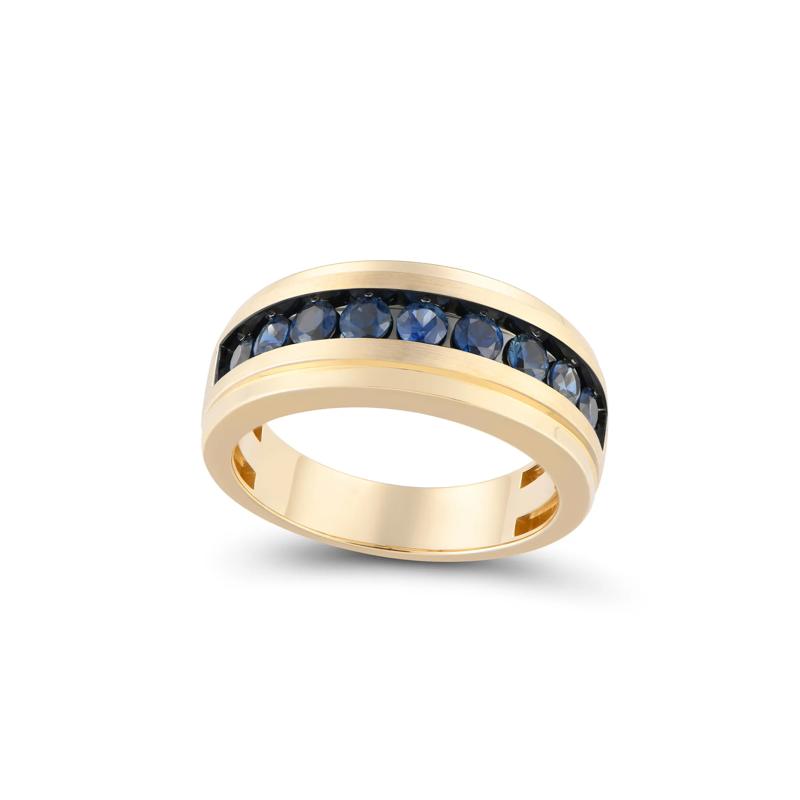 Men&#39;s Blue Sapphire Band in 10K Yellow Gold – Image 4 of 4