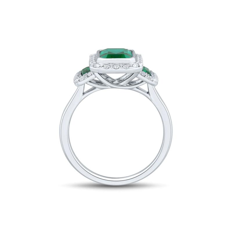 Lab-Created Emerald &amp; Lab-Created White Sapphire Three-Stone Halo Ring in Sterling Silver – Image 2 of 3