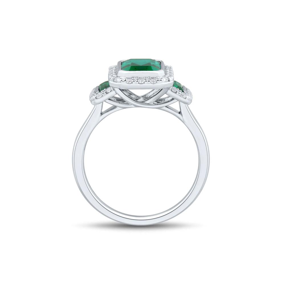 Lab-Created Emerald &amp; Lab-Created White Sapphire Three-Stone Halo Ring in Sterling Silver – Image 2 of 3