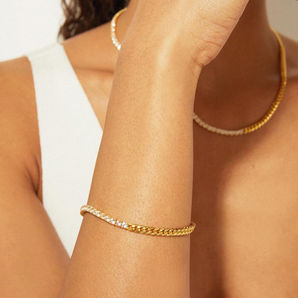 Lab-Created White Sapphire Tennis and Curb Link Bracelet in Vermeil – Image 3 of 4