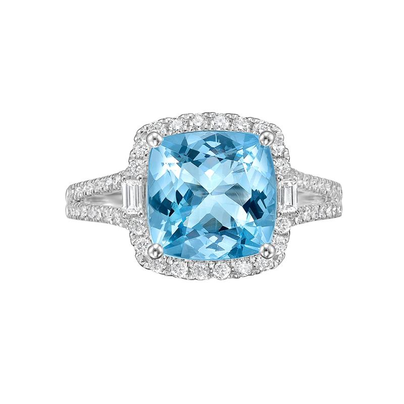 Aquamarine &amp; Diamond Halo Split-Shank Ring in 14K White Gold &#40;1/2 ct. tw.&#41; – Image 1 of 3