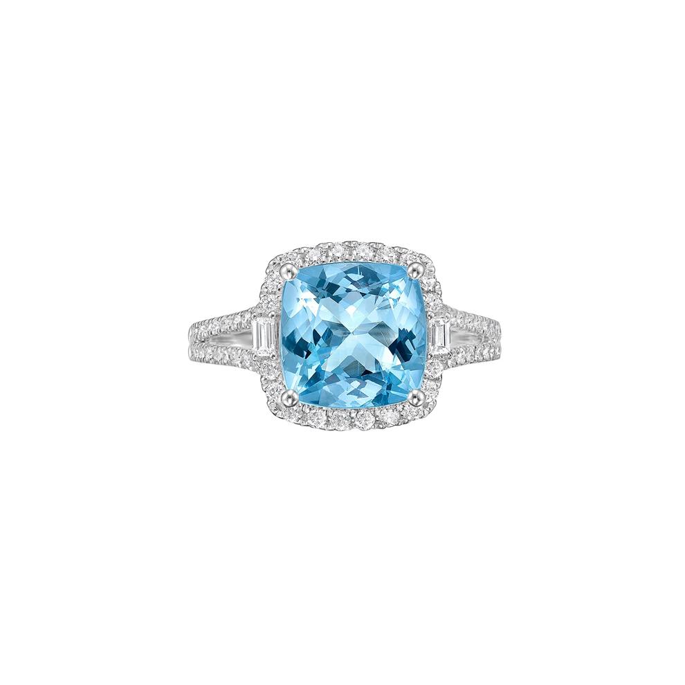 Aquamarine &amp; Diamond Halo Split-Shank Ring in 14K White Gold (1/2 ct. tw.) – Image 1 of 3