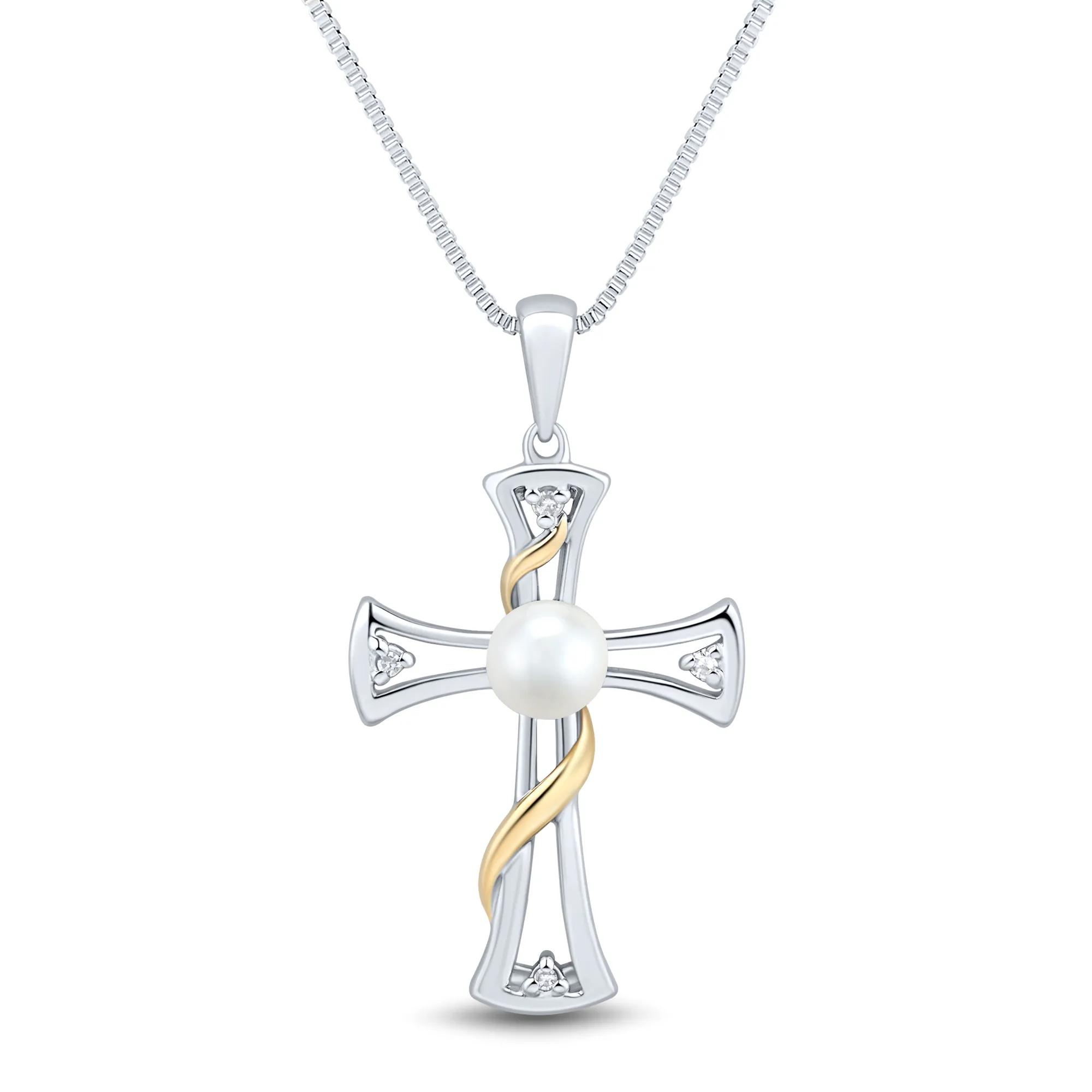 Diamond and Freshwater Pearl Cross Pendant in Sterling Silver and