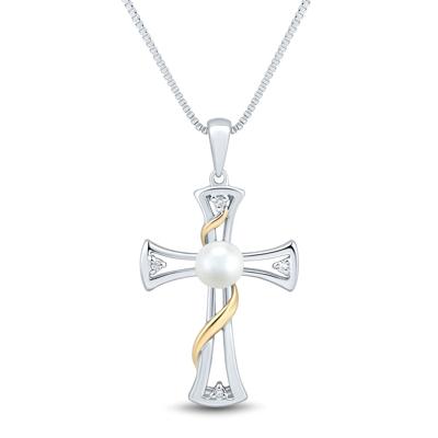 Diamond and Freshwater Pearl Cross Pendant in Sterling Silver and 10K Yellow Gold (1/5 ct. tw.)