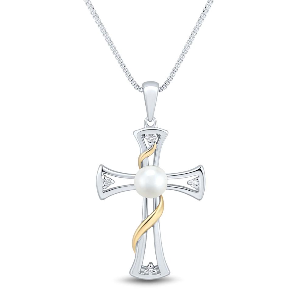 Diamond and Freshwater Pearl Cross Pendant in Sterling Silver and 10K Yellow Gold (1/5 ct. tw.) – Image 1 of 3