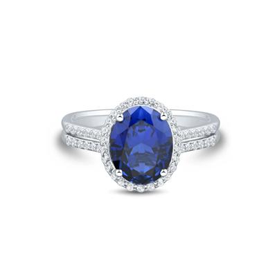 Lab-Created Blue & White Sapphire Double Row Shank Halo Ring in Sterling Silver