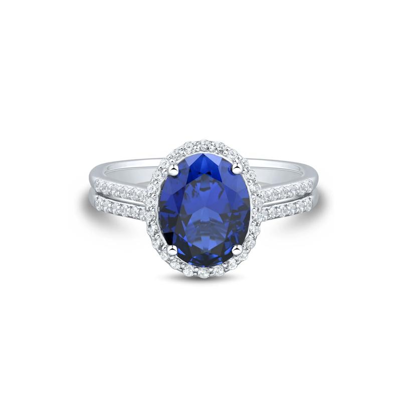 Lab-Created Blue &amp; White Sapphire Double Row Shank Halo Ring in Sterling Silver – Image 1 of 3