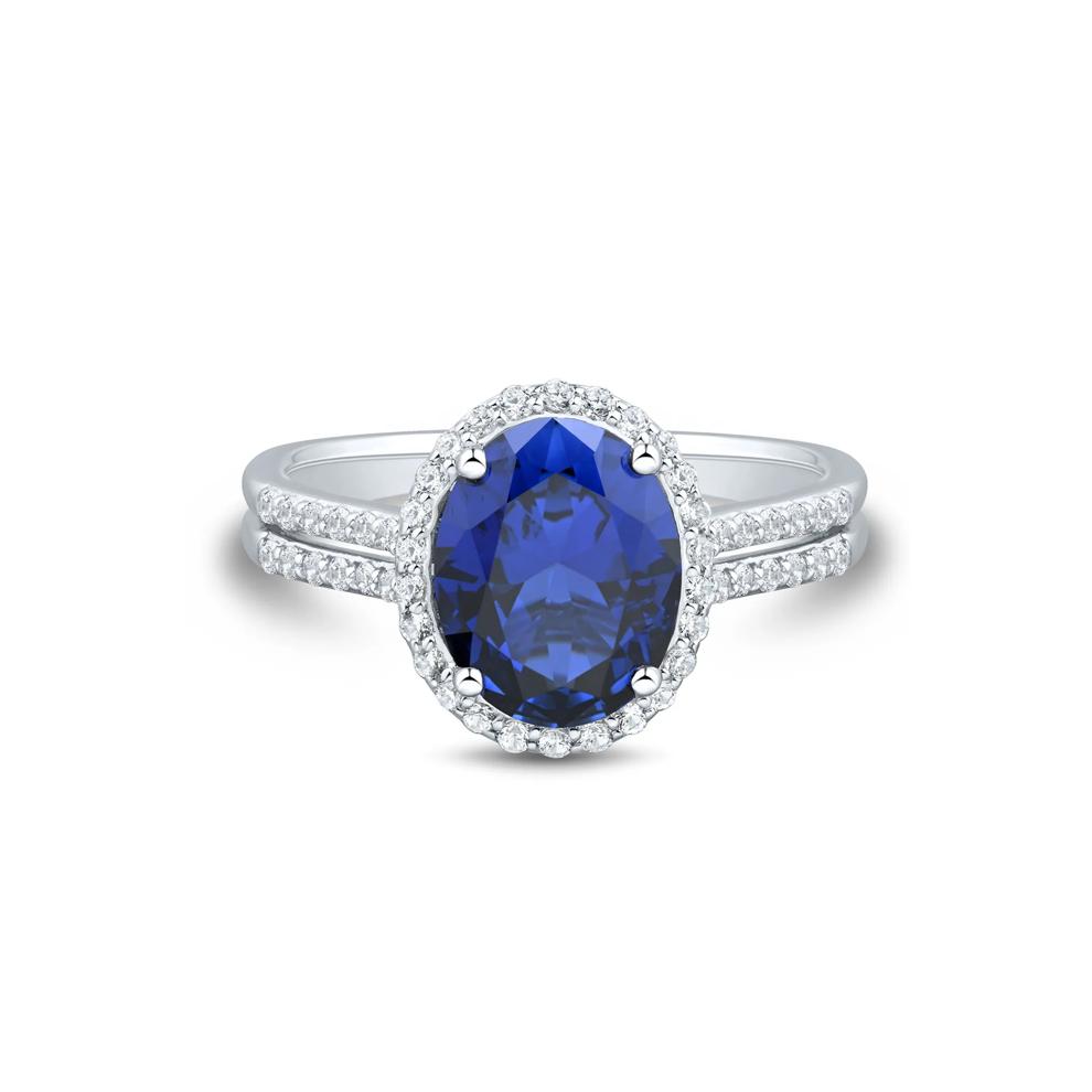 Lab-Created Blue &amp; White Sapphire Double Row Shank Halo Ring in Sterling Silver – Image 1 of 3