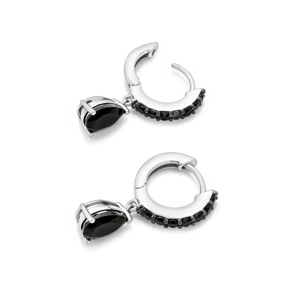 Onyx Drop Huggie Hoop Earrings in Sterling Silver – Image 2 of 2
