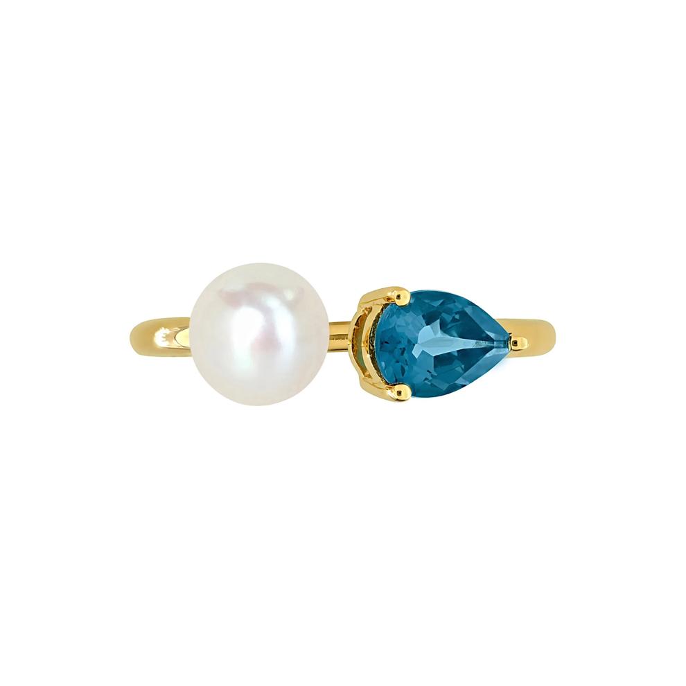 London Blue Topaz and Freshwater Pearl Bypass Ring in 10K Yellow Gold – Image 1 of 7