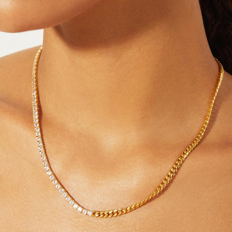 Lab-Created White Sapphire Tennis and Curb Link Necklace in Vermeil – Image 5 of 8