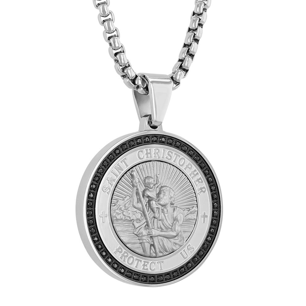 Men&rsquo;s Black Diamond St. Christopher Medallion in Stainless Steel (1/4 ct. tw.)  – Image 2 of 3