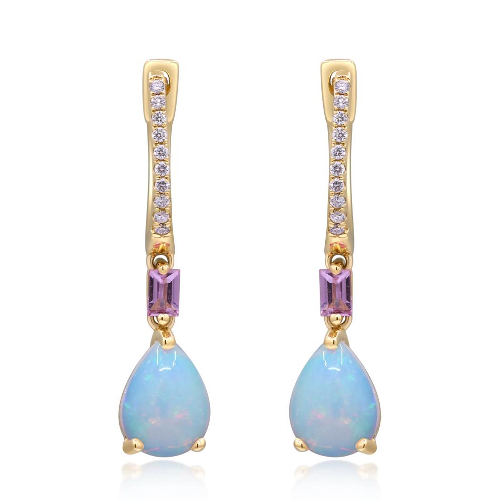 Opal, Pink Sapphire &amp; Diamond Accent Drop Hoop Earrings in 10K Yellow Gold – Image 3 of 3