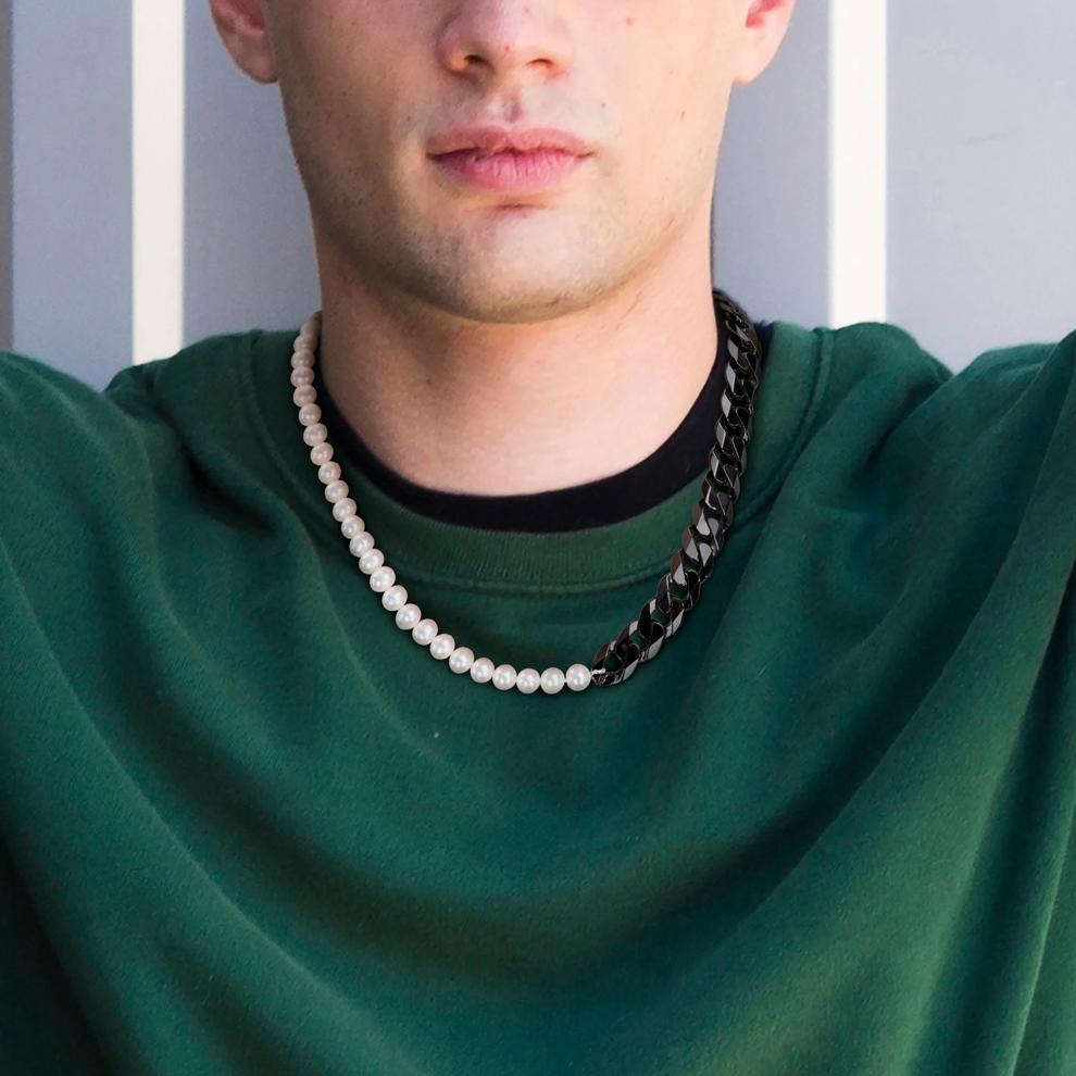 Bleached Freshwater Cultured Pearl Curb Link Necklace in Black Rhodium Sterling Silver – Image 4 of 4