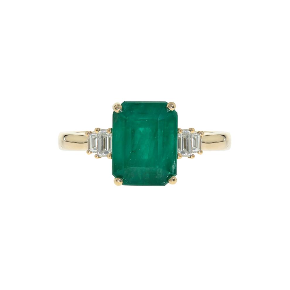 Emerald-Cut Emerald and Baguette Diamond Ring in 14K Yellow Gold (1/4 ct. tw.) – Image 1 of 3