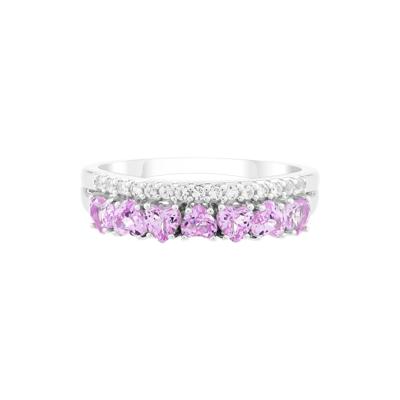 Lab-Created Pink Sapphire & Lab-Created White Sapphire Heart Double Row Band Ring in Sterling Silver