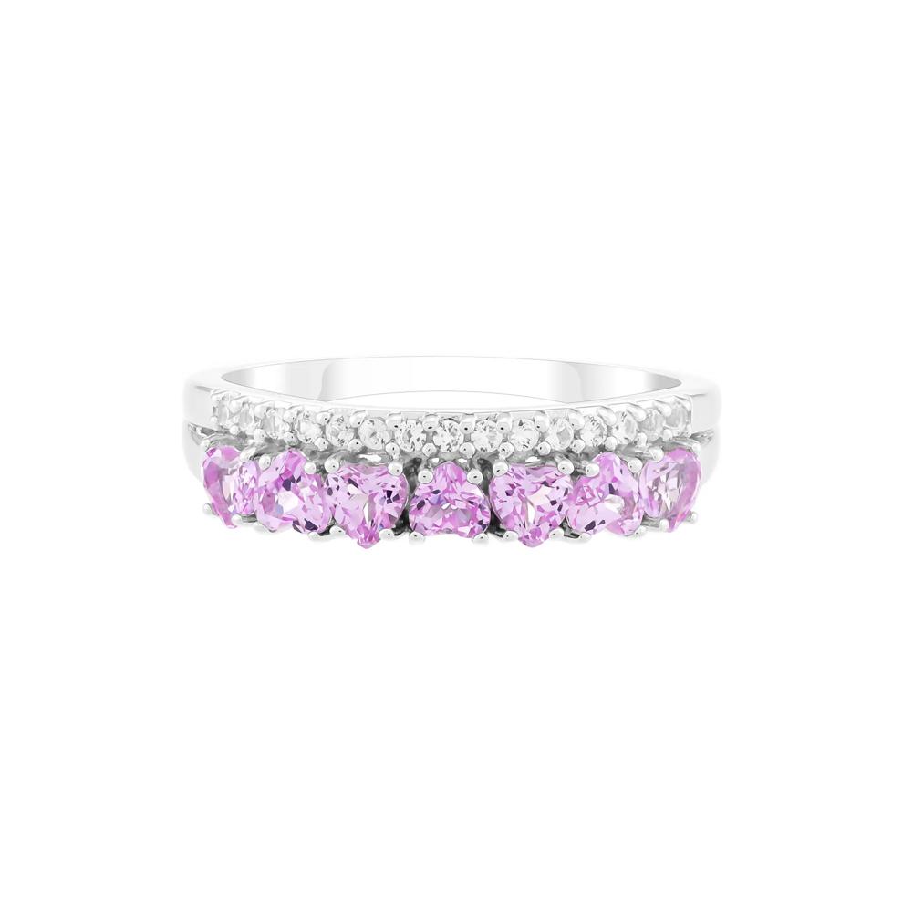 Lab-Created Pink Sapphire &amp; Lab-Created White Sapphire Heart Double Row Band Ring in Sterling Silver – Image 1 of 3