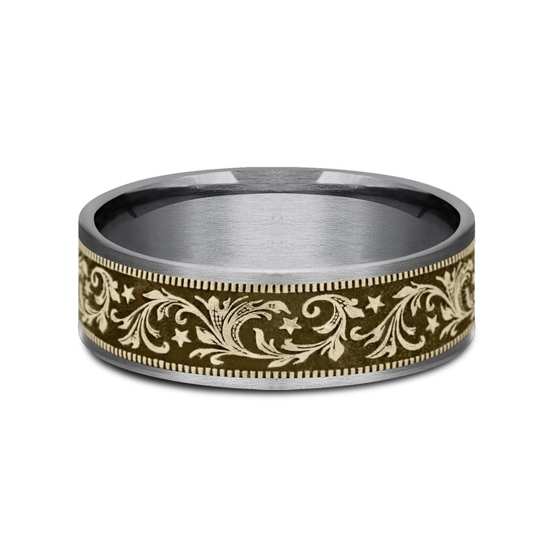 Men&rsquo;s Barrel Script &amp; Stars Wedding Band in 14K Gold &amp; Tantalum, 7.5MM  – Image 1 of 3
