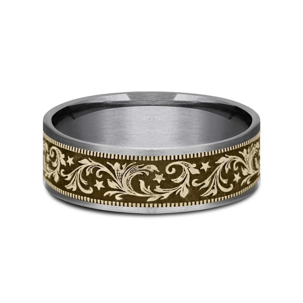 Men&rsquo;s Barrel Script &amp; Stars Wedding Band in 14K Gold &amp; Tantalum, 7.5MM  – Image 1 of 3