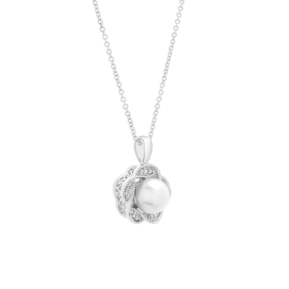 Freshwater Cultured Pearl and Diamond Accent Flower Pendant in Sterling Silver – Image 3 of 4