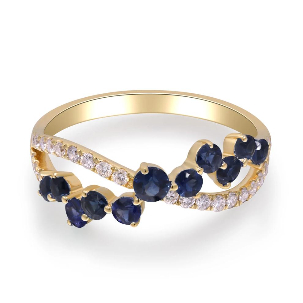 Blue Sapphire &amp; Round Diamond Scatter Crossover Ring in 10K Yellow Gold (1/4 ct. tw.) – Image 1 of 5